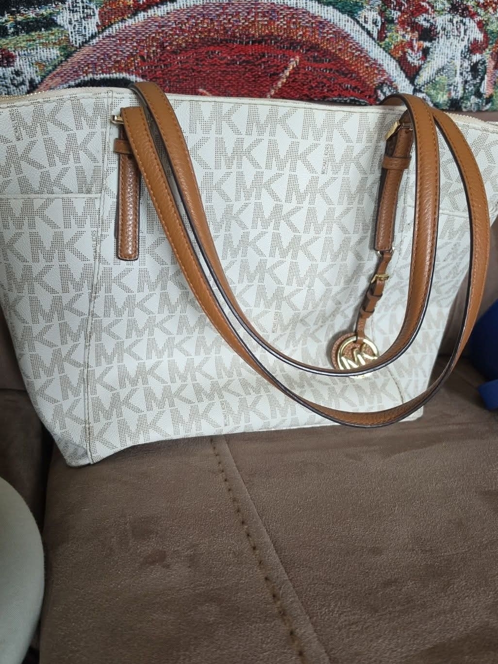 Michael Kors Cream MK Logo Tote with Tan Leather Trim